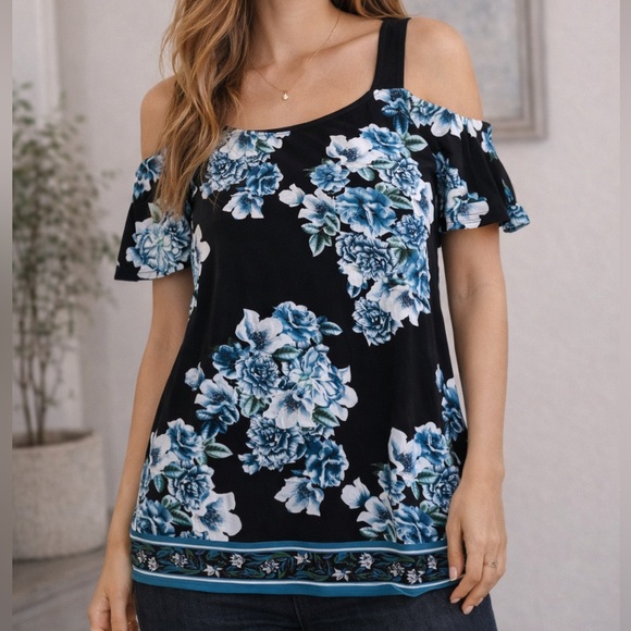 INC International Concepts Tops - Floral Cold Shoulder Top - Black and Blue Large EUC